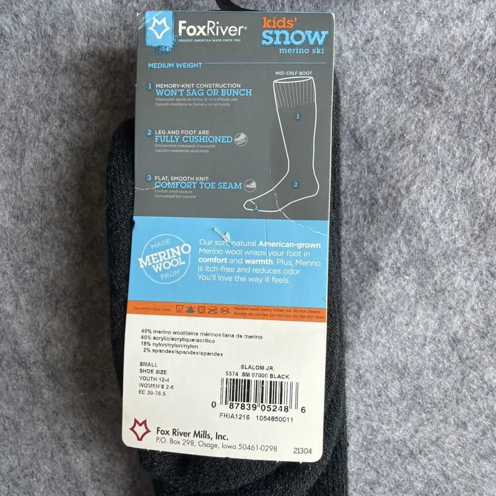 Fox River Snow Kid's Size Small 12-4 Youth - Medium Weight Socks Black